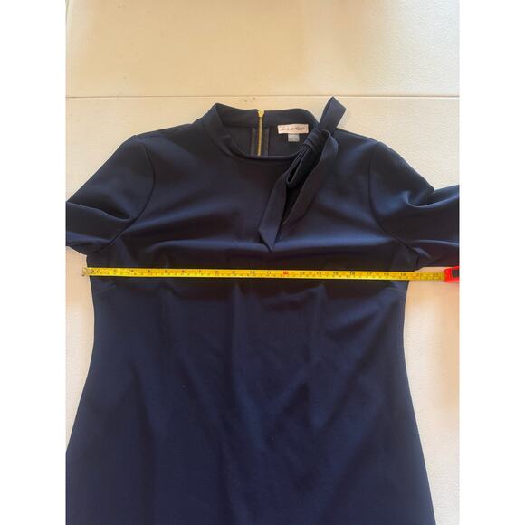 038 Calvin Klein High Neck Long Sleeve Navy Shift Dress Bow Neck Sz 12 - Picture 6 of 7